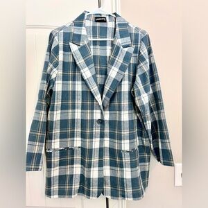 Fashion Bug Teal and White Plaid Blazer